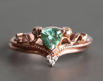 Mint Tourmaline Engagement Ring Set, Diamond Tourmaline Ring Set with Diamonds, Rose gold Ring set