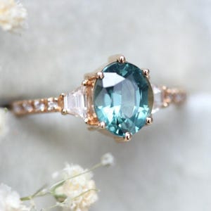 Mint Sapphire Engagement Ring, Oval Blue Green Sapphire Diamond Ring, Tapered Baguette Diamond band, Unique Oval Sapphire Ring