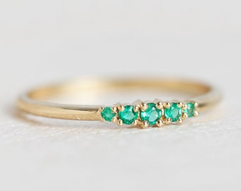 Emerald Wedding Ring, Five Stone Emerald Ring Yellow Gold, Emerald Wedding Band