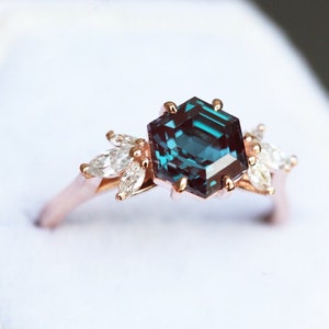 Alexandrite engagement ring set, Hexagon alexandrite w/ side diamonds or moissanites, Unique ring set image 3