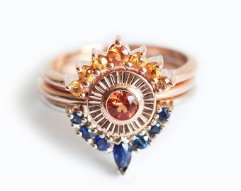 Sapphire wedding ring set, Sunset engagement set, Orange & blue sapphire set, Unique nature inspired set