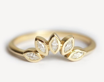 Diamond wedding band, Marquise crown ring, Mini stackable ring, Sunrise nesting ring, Curved flower band