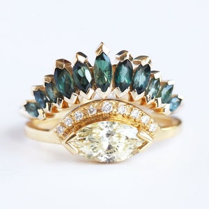 Yellow Champagne Diamond Ring with teal sapphire marquise crown, Unique diamond ring set