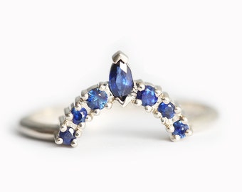 Blue Sapphire Wedding Ring, Curved Gold band With Blue Sapphires, Sapphire Crown Ring in 14k 18k Gold