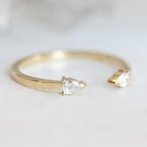 Open Diamond Ring Yellow Gold with Pear Diamonds, Teardrop Diamond Ring, Perfect Stacking Ring