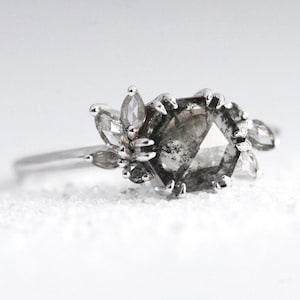 Hexagon Salt pepper diamond ring, Unique salt pepper diamond cluster ring with double prongs