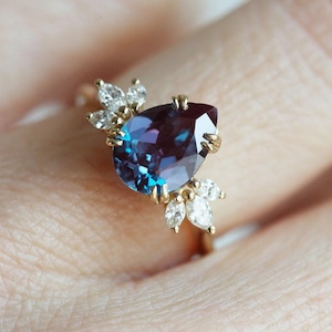 Alexandrite Engagement Ring, Pear Alexandrite Ring, Cluster Diamond Ring, Gold Promise ring, Color Change Engagement Ring