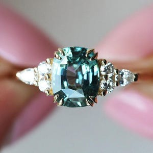 Mint sapphire engagement ring, Accent diamond ring, Green cushion gemstone ring, Teal mermaid ring