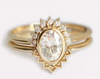 Oval Diamond Ring, Diamond Engagement Ring With Oval Cut Diamond Half Halo and curved gold Lace band