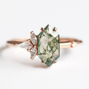 Moss agate engagement ring, diamond moss agate cluster ring