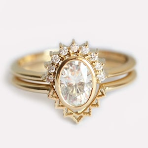 Oval Diamond Ring, Diamond Engagement Ring With Oval Cut Diamond Half Halo and curved gold Lace band image 1