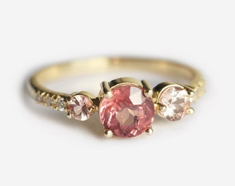 Garnet engagement ring, Peach sapphire cluster ring, Malaya garnet & diamond ring, Unique pink ring