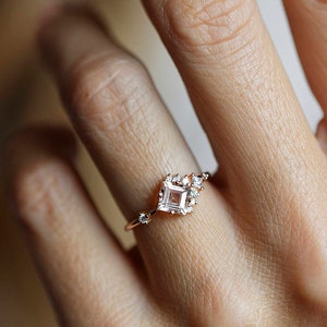 Morganite engagement ring, Diamond cluster ring, Unique asymmetrical ring, Gold peach pink ring