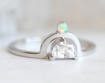 Bohemian Diamond Ring with Opal, Unique Opal Diamond Ring, Fancy Diamond Engagement Ring White Gold