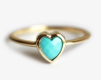 Turquoise Heart Ring, Solid Gold Band with Heart Shaped 4-5mm Rose Cut Stone in Bezel Setting