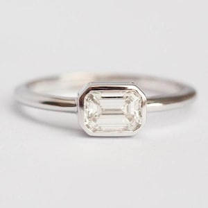 Solitaire Emerald Diamond Ring, White Gold Engagement Ring with Emerald Cut Diamond in Bezel Setting