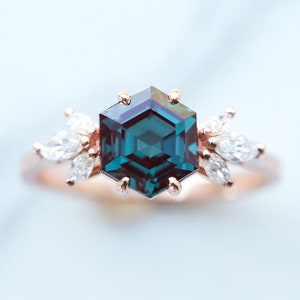 Alexandrite engagement ring set, Hexagon alexandrite w/ side diamonds or moissanites, Unique ring set image 7