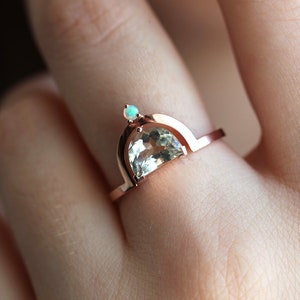 Green amethyst engagement ring, Half moon ring, Unique opal ring, Crescent cut boho ring image 1