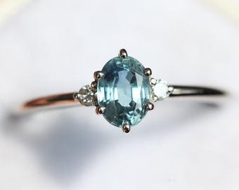 Montana sapphire ring, Three stone ring, Oval sapphire engagement ring, Aqua blue sapphire engagement ring