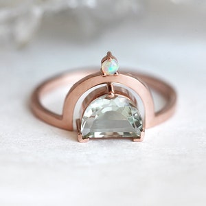 Green amethyst engagement ring, Half moon ring, Unique opal ring, Crescent cut boho ring image 2