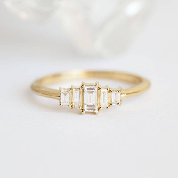 Art deco engagement ring, Baguette diamond ring, Five stone ring, Gold vintage ring