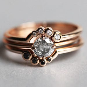 Salt and Pepper Diamond Engagement Ring Set, Rose Gold Diamond Ring Set, alternative Wedding Ring Set