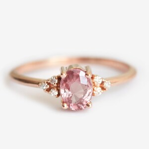 Delicate Rose Gold Peach Sapphire Ring, Pink Sapphire Diamond Ring, Rose Gold Engagement Ring image 2