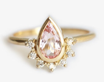 Pear peach sapphire ring, Tiara sapphire engagement ring