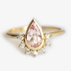 Pear peach sapphire ring, Tiara sapphire engagement ring