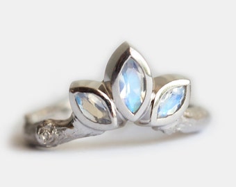 Moonstone wedding band, Curved branch ring, Unique organic ring, Marquise nesting ring