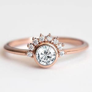 Round Diamond Ring with Half Halo Diamonds, 18k Yellow Gold Diamond Engagement Ring