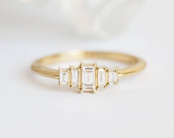 Art deco engagement ring, Baguette diamond ring, Five stone ring, Gold vintage ring