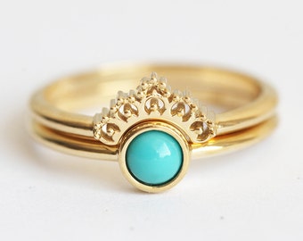 Turquoise Ring Set 18k Yellow Gold With Lace Band