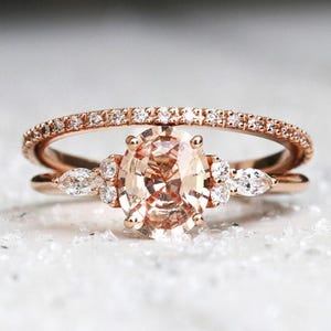 Oval peach sapphire ring set, Peach sapphire engagement ring, Peach engagement ring set with diamonds