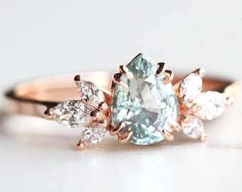 Mint Sapphire Engagement Ring, Montana Sapphire Ring, Green Sapphire diamond ring, Maruqise diamond Ring