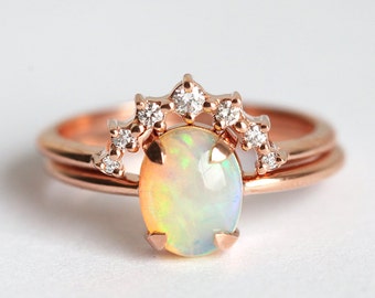 Opal And Diamond Ring Set, Australian Opal Ring With Curved Diamond Ring, Diamond Crown Ring With Opal Solitaire in 14k Rose gold