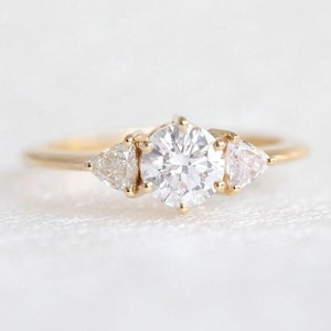 Half carat diamond engagement ring, Three diamond ring with side trillion diamonds,  Diamond engagement ring