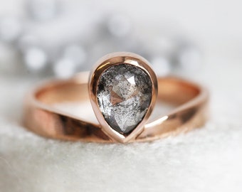 Salt and Pepper Diamond Ring, Rose Cut Pear Diamond Ring, Unique Diamond Engagement, Black, Gray Pear Diamond, 14k 18k rose yellow