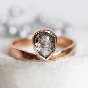 Salt and Pepper Diamond Ring, Rose Cut Pear Diamond Ring, Unique Diamond Engagement, Black, Gray Pear Diamond, 14k 18k rose yellow image 1