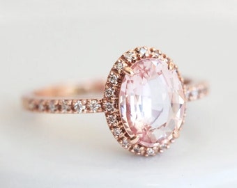 Oval Peach Sapphire Halo Diamond Ring, Gold Oval Sapphire Ring, Oval Cut Engagement Ring with 2ct Sapphire and Pave band