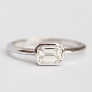 Solitaire Emerald Diamond Ring, White Gold Engagement Ring with Emerald Cut Diamond in Bezel Setting