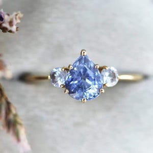 Pear Blue Sapphire Ring, Blue Sapphire Engagement Ring, Three Stone Engagement Ring with Sapphires, Blue Pear Sapphire Ring