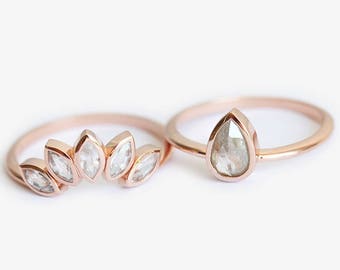 Rose Gold Diamond Ring Set, Wedding Bridal Set, Floral Crown Ring, Pear Diamond Ring, Solitaire Ring, White Saphire Ring, Band Ring