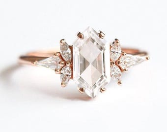Rose cut white diamond engagement ring, Geometric diamond ring