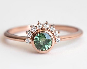 Round Sapphire Engagement Ring Rose Gold, Green Sapphire Diamond Ring, Sapphire Diamond Engagement Ring