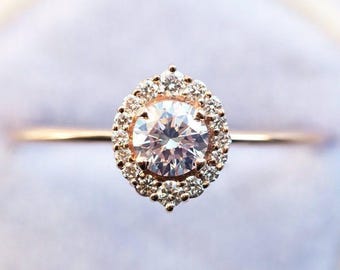Round halo diamond ring, 0.5ct round diamond engagement ring with halo diamonds 14k 18k platinum