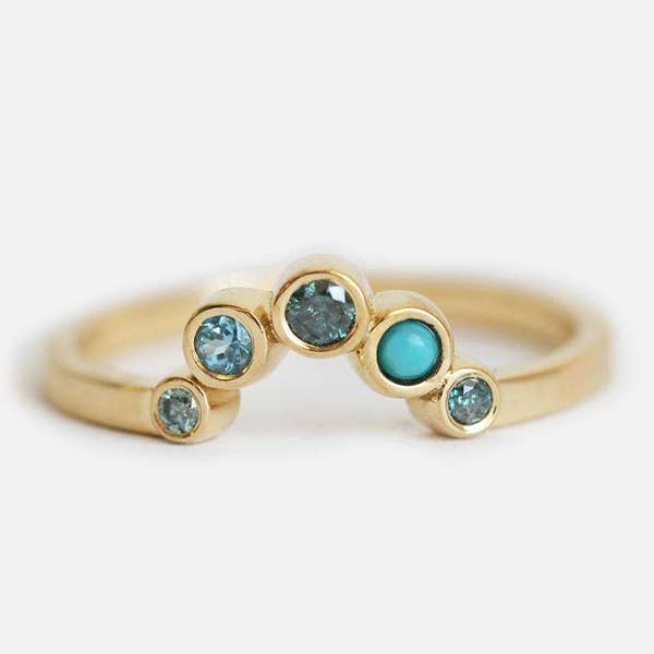 Multistone Wedding band with Blue Diamond Turquoise Sapphire and Topaz, Gemstone Wedding Ring Unique