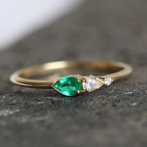 Tiny Emerald Engagement Cluster Ring with Diamonds, May Birthstone Ring