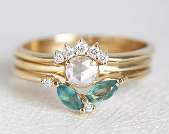 Morning Dew Wedding Ring Set, White Rose Cut Diamond Ring with alexandrite and diamond matching bands, Unique Three Ring Set By Minimalvs