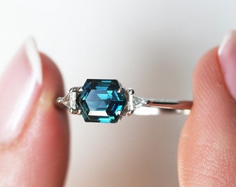 Blue sapphire & diamond ring, Hexagon engagement ring, Peacock sapphire ring, Teal geometric ring